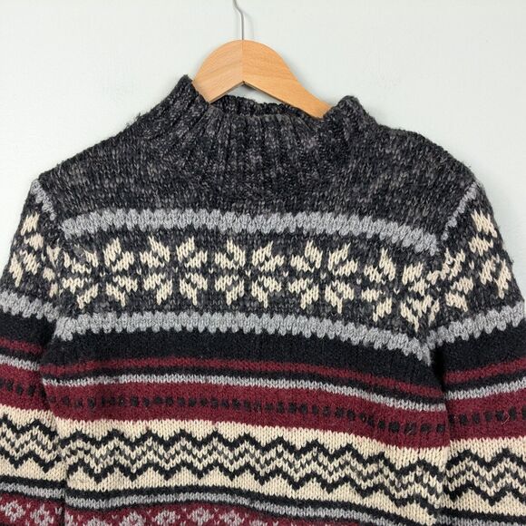 Vintage Sweater 90s Turtuleneck Chunky Stripe Snowflake Wool Isle Red Gray S - Picture 1 of 11